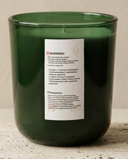 Back label of Sofia Dourvari Earl Grey & Bergamot soy candle showing safety warnings and ingredient information
