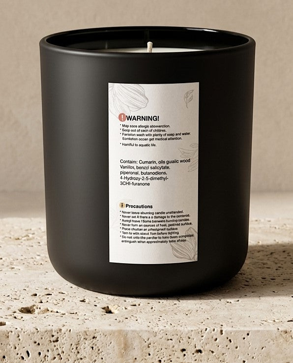 Back label of Sofia Dourvari Sandalwood & Black Pepper soy candle showing ingredients and safety precautions