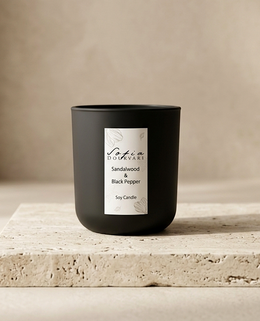 Sofia Dourvari Sandalwood & Black Pepper soy scented candle in a matte black vessel, displayed on a travertine stone ledge